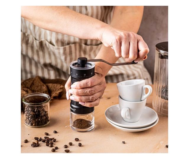 Kinghoff KH 2002 kézi kávédaráló, 30 g, kerámia mechanizmus, fokozatmentesen állítható őrlési finomság, fekete