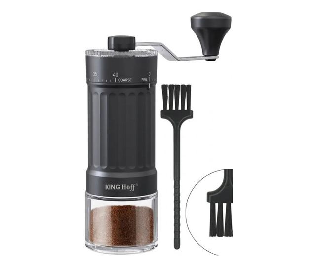 Kinghoff KH 2002 kézi kávédaráló, 30 g, kerámia mechanizmus, fokozatmentesen állítható őrlési finomság, fekete