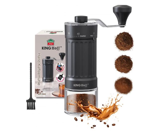 Kinghoff KH 2002 kézi kávédaráló, 30 g, kerámia mechanizmus, fokozatmentesen állítható őrlési finomság, fekete