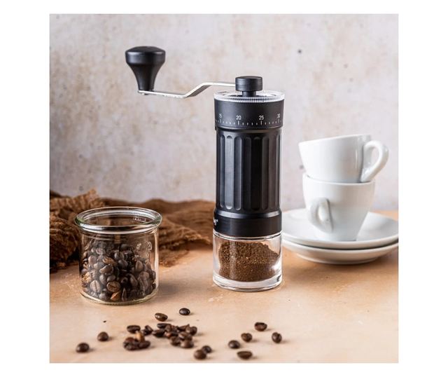 Kinghoff KH 2002 kézi kávédaráló, 30 g, kerámia mechanizmus, fokozatmentesen állítható őrlési finomság, fekete