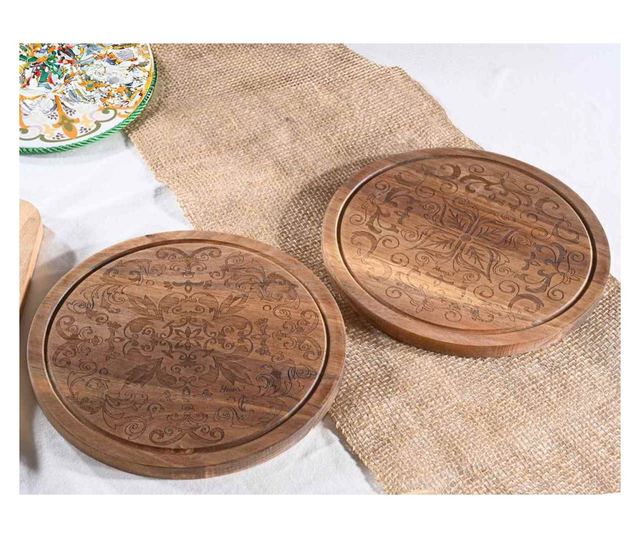 2 db Barna Akácfa Tálaló Tányér Szett, 25 cm Átmérő