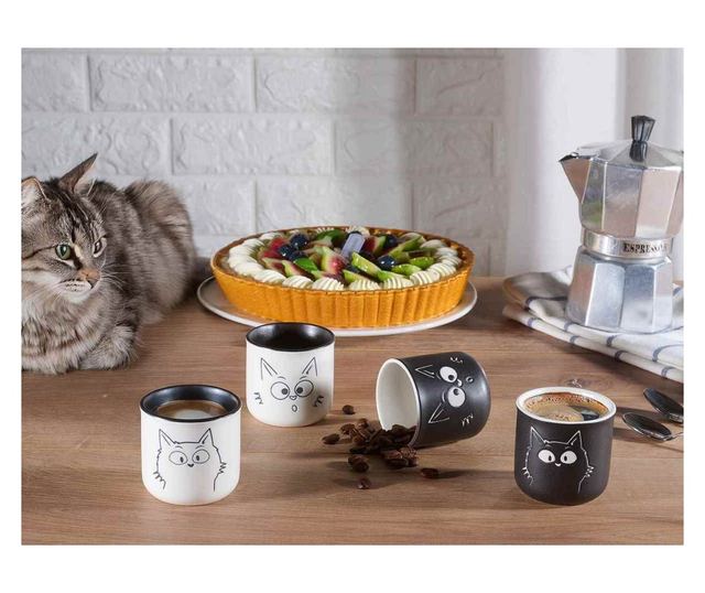 4 db Porcelán Macskás Bögre Készlet, 80 ml
