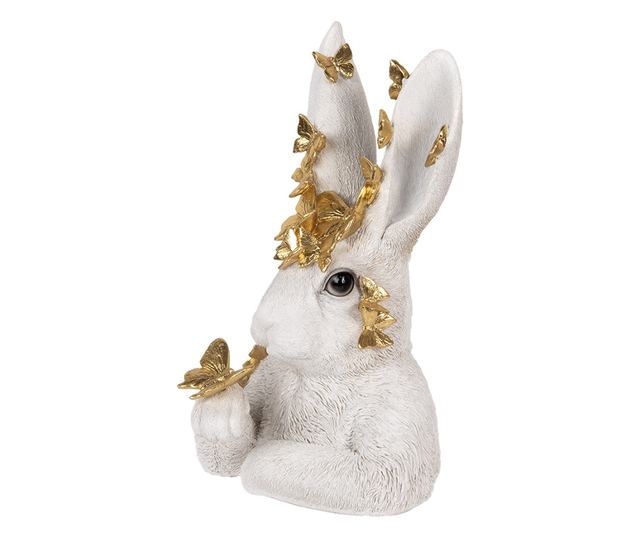 Húsvéti Nyuszi Figura, Arany és Fehér Polyresin, 21x20x34 cm