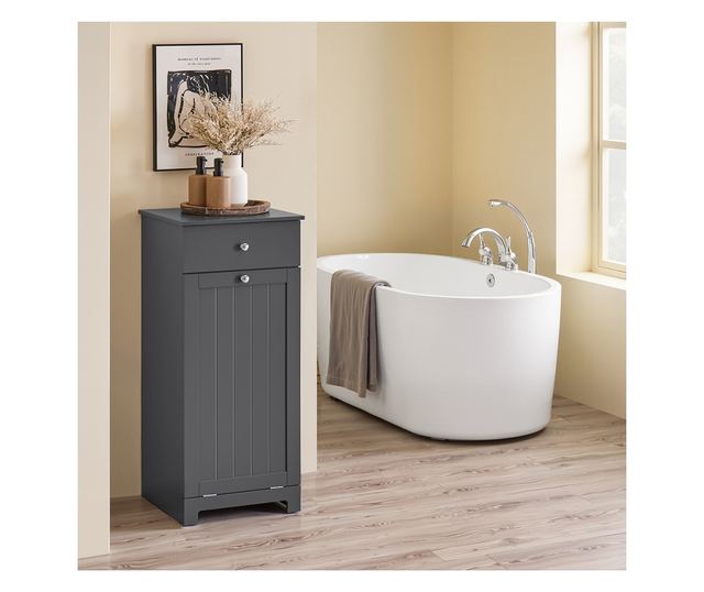 SoBuy fürdőszobabútor mosógépes szekrénnyel, szennyestartóval és fiókkal, szürke