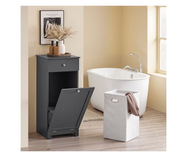 SoBuy fürdőszobabútor mosógépes szekrénnyel, szennyestartóval és fiókkal, szürke