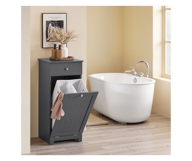 SoBuy fürdőszobabútor mosógépes szekrénnyel, szennyestartóval és fiókkal, szürke