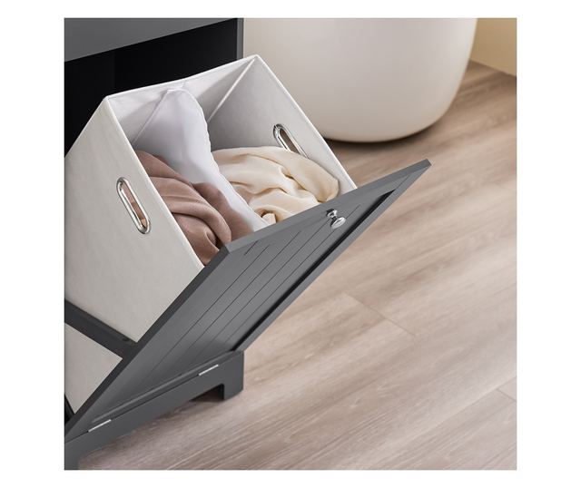 SoBuy fürdőszobabútor mosógépes szekrénnyel, szennyestartóval és fiókkal, szürke