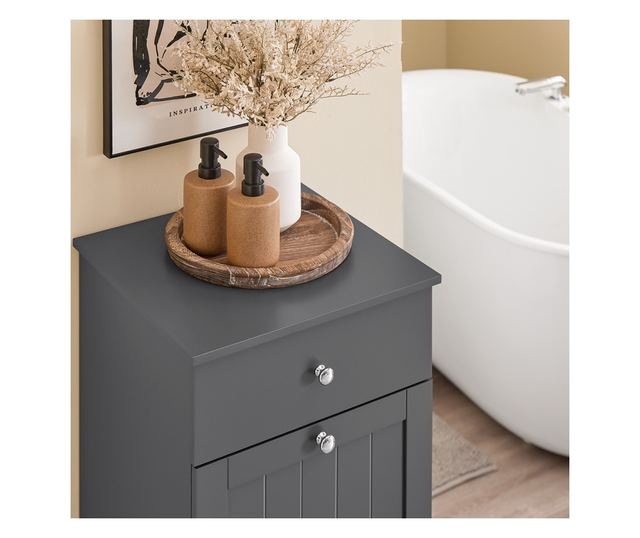 SoBuy fürdőszobabútor mosógépes szekrénnyel, szennyestartóval és fiókkal, szürke