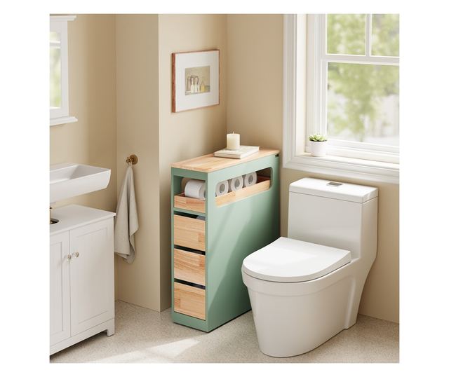 SoBuy zöld fürdőszobaszekrény, 3 fiókkal, 4 kerekű, 40 kg terhelhetőség