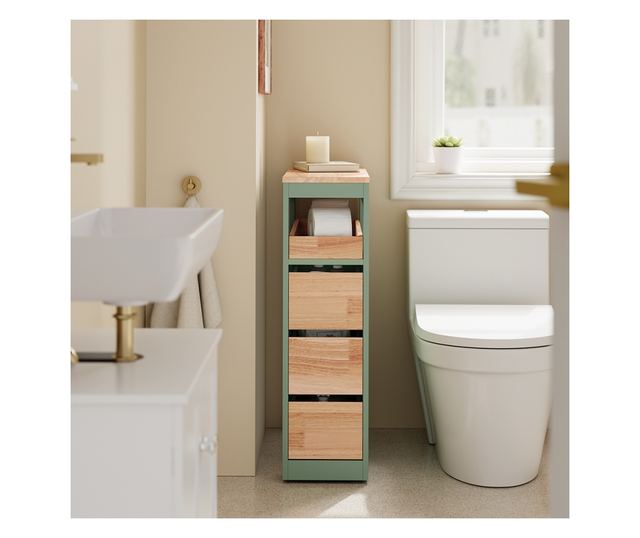 SoBuy zöld fürdőszobaszekrény, 3 fiókkal, 4 kerekű, 40 kg terhelhetőség