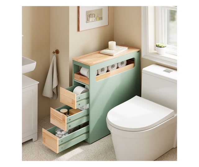 SoBuy zöld fürdőszobaszekrény, 3 fiókkal, 4 kerekű, 40 kg terhelhetőség