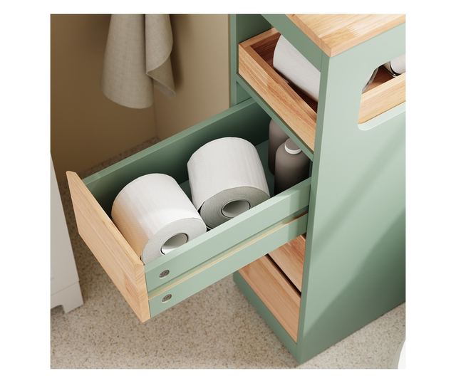 SoBuy zöld fürdőszobaszekrény, 3 fiókkal, 4 kerekű, 40 kg terhelhetőség