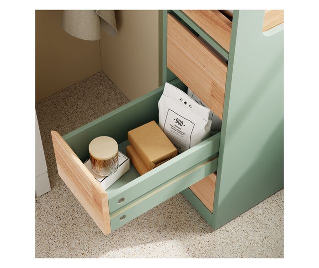 SoBuy zöld fürdőszobaszekrény, 3 fiókkal, 4 kerekű, 40 kg terhelhetőség