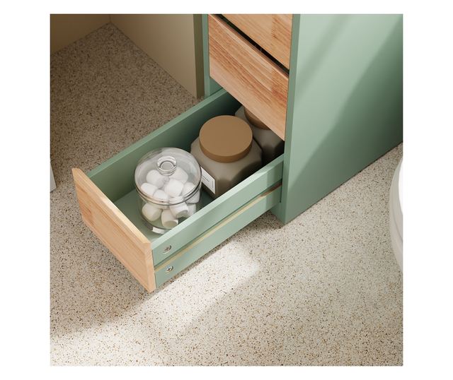 SoBuy zöld fürdőszobaszekrény, 3 fiókkal, 4 kerekű, 40 kg terhelhetőség