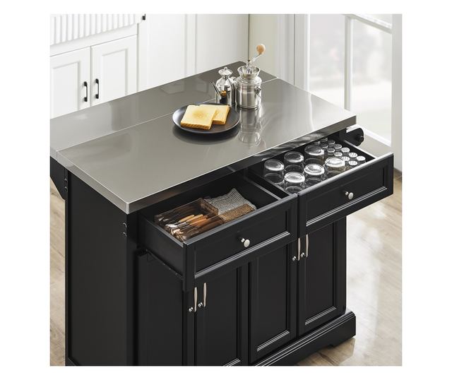 SoBuy összecsukható konyhasziget, 4 kerekű, 4 ajtós, fekete, 78 kg teherbírású