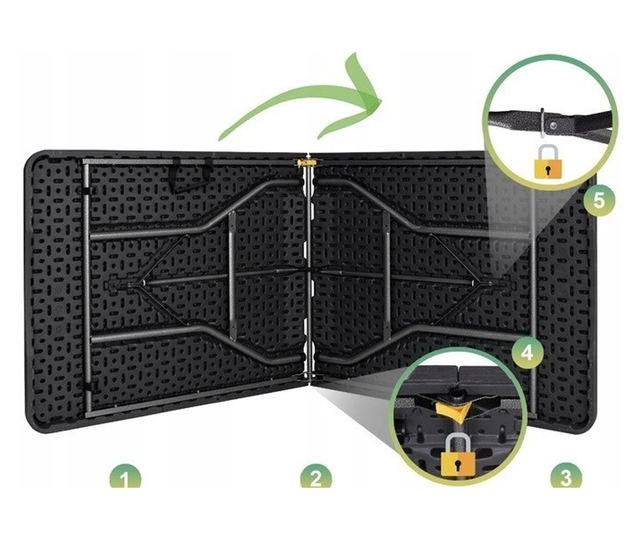 Fekete összecsukható asztal, kerti, kempingezéshez vagy horgászathoz, bőrönd stílusú, JollyMag, SC02BR, 70x180 cm