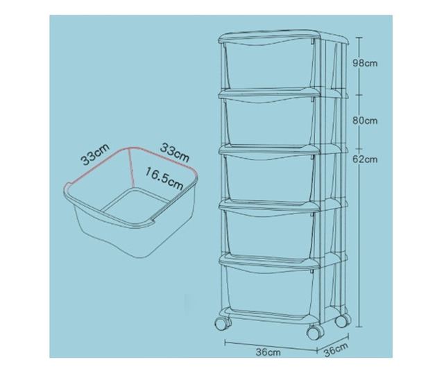 JollyMag PO10 Műanyag Szervező Szekrény 5 Fiókkal, Többszínű, 97x38x37 cm