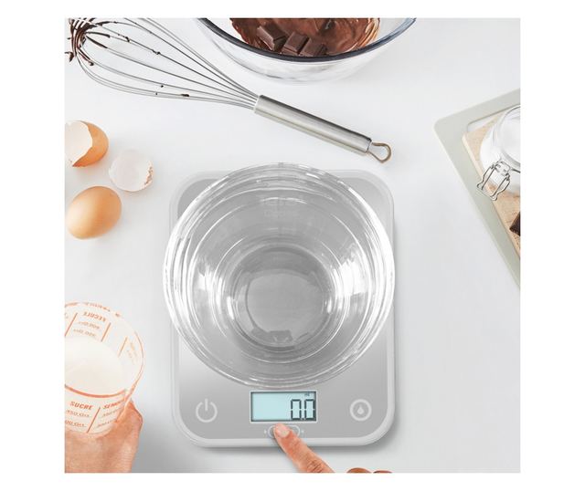 Konyhai mérleg Tefal Optiss BC50U4V0, Akár 5 kg, TÁRA, LCD, Üveg, Nagy számjegyek, Ezüst