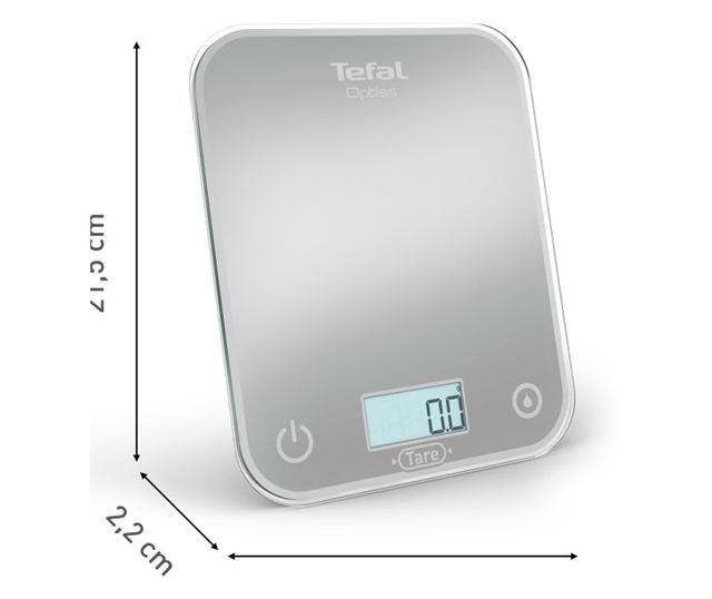 Konyhai mérleg Tefal Optiss BC50U4V0, Akár 5 kg, TÁRA, LCD, Üveg, Nagy számjegyek, Ezüst