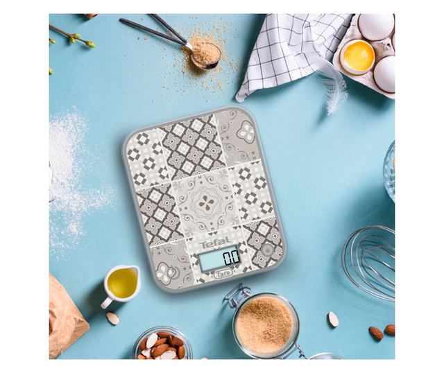 Konyhai mérleg Tefal Optiss BC50D6V0, Akár 5 kg, TÁRA, LCD, Üveg, Nagy számjegyek, Szürke/dekoratív mintázat