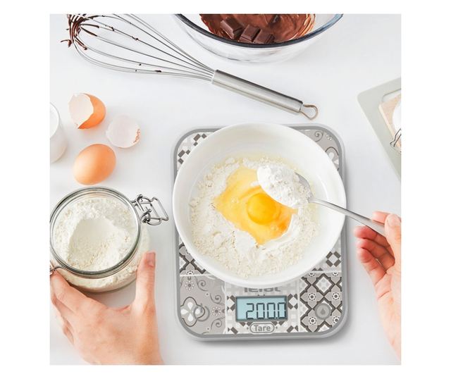Konyhai mérleg Tefal Optiss BC50D6V0, Akár 5 kg, TÁRA, LCD, Üveg, Nagy számjegyek, Szürke/dekoratív mintázat