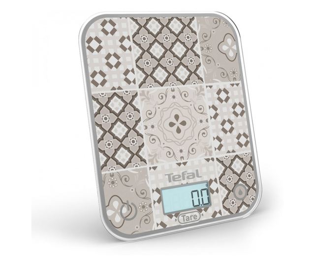 Konyhai mérleg Tefal Optiss BC50D6V0, Akár 5 kg, TÁRA, LCD, Üveg, Nagy számjegyek, Szürke/dekoratív mintázat