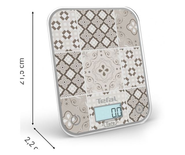 Konyhai mérleg Tefal Optiss BC50D6V0, Akár 5 kg, TÁRA, LCD, Üveg, Nagy számjegyek, Szürke/dekoratív mintázat