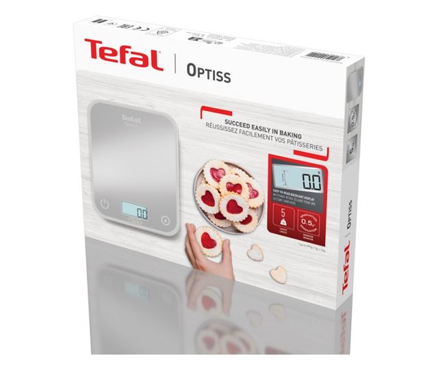 Konyhai mérleg Tefal Optiss BC50D6V0, Akár 5 kg, TÁRA, LCD, Üveg, Nagy számjegyek, Szürke/dekoratív mintázat