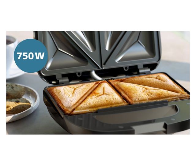 Szendvicssütő Philips HD2331/90 Series 3000, 750 W, 2 szelet/4 háromszög alakú szendvicshez, Tapadásmentes alumínium lapok, Feke
