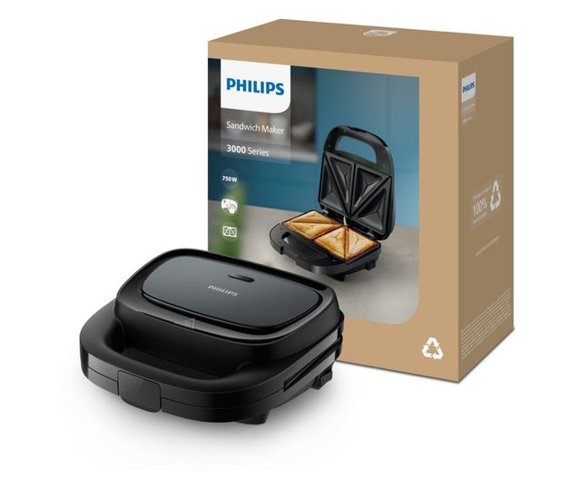 Szendvicssütő Philips HD2331/90 Series 3000, 750 W, 2 szelet/4 háromszög alakú szendvicshez, Tapadásmentes alumínium lapok, Feke