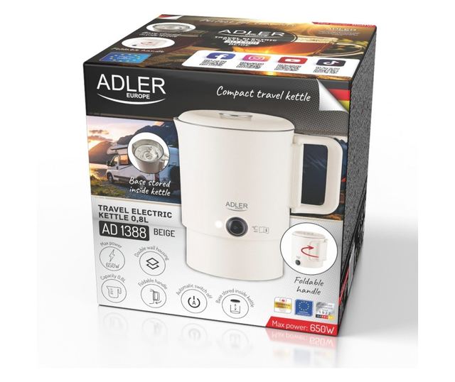 Elektromos vízforraló turizmushoz Adler AD 1388b, 650W, 0,8 l, Levehető fedél, Forgatható talp, Bézs