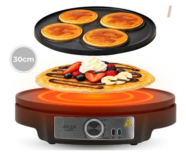 Adler AD 3093 Palacsintasütő, 1600 W, 30 cm, Eszközök mellékelve, Fekete/Rozsdamentes acél