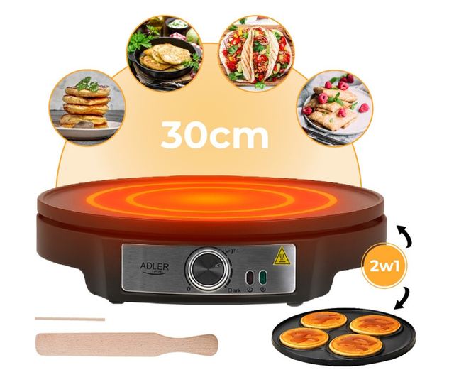 Adler AD 3093 Palacsintasütő, 1600 W, 30 cm, Eszközök mellékelve, Fekete/Rozsdamentes acél