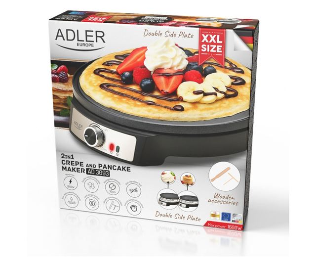 Adler AD 3093 Palacsintasütő, 1600 W, 30 cm, Eszközök mellékelve, Fekete/Rozsdamentes acél