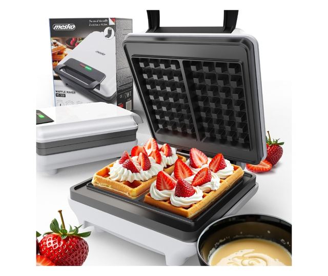 Gofrisütő Mesko MS 3091, 1800W, Tapadásmentes bevonat, 2 sütőlap, Csúszásmentes lábak, Fehér