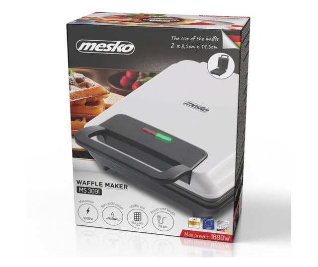 Gofrisütő Mesko MS 3091, 1800W, Tapadásmentes bevonat, 2 sütőlap, Csúszásmentes lábak, Fehér