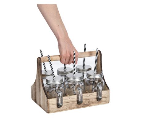 Zeller Staklenke za piće u kutiji s ručkom, 7kom , staklo-metal-drvo, 29x22,5x22,1cm
