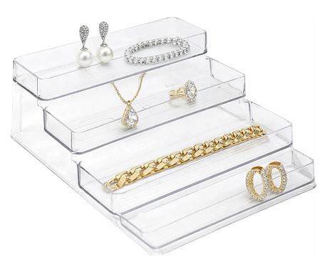 Etajera Pufo pentru prezentare si organizare produse in magazine sau expozitii, in trepte, 3 niveluri, 25.5 x 23.5 cm, transpare