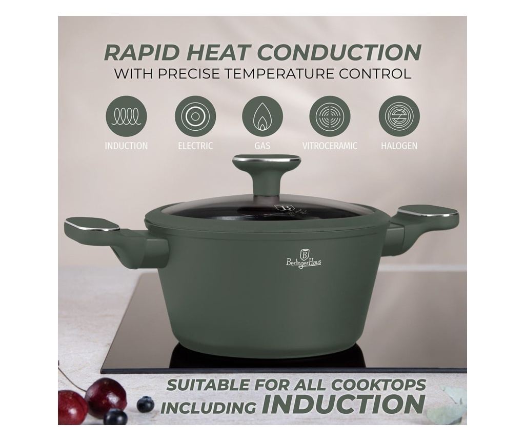 Set oale si tigai cu capace, 15 piese Green Matt Berlinger Haus BH 8208N, verde mat, antiaderente cu titan, inductie - 7