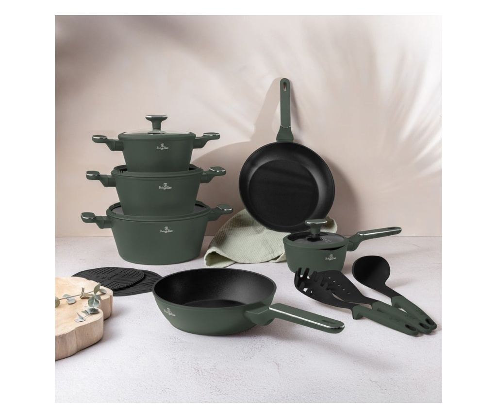 Set oale si tigai cu capace, 15 piese Green Matt Berlinger Haus BH 8208N, verde mat, antiaderente cu titan, inductie - 9