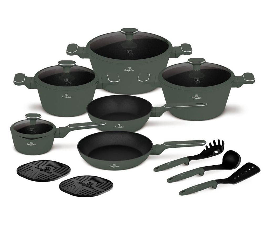 Set oale si tigai cu capace, 15 piese Green Matt Berlinger Haus BH 8208N, verde mat, antiaderente cu titan, inductie - 2
