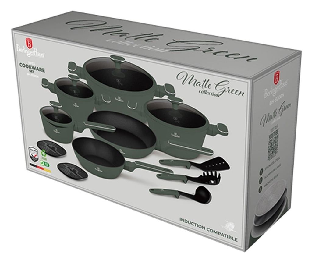 Set oale si tigai cu capace, 15 piese Green Matt Berlinger Haus BH 8208N, verde mat, antiaderente cu titan, inductie - 3