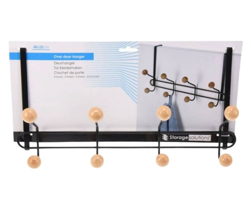 Cuier cu suport pentru ușă din metal negru, cu butoni din lemn 40x22 cm - 5