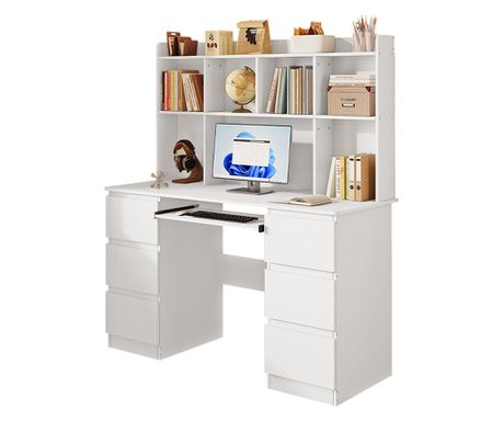 Birou modern cu extensie, alb, 6 sertare, rafturi de birou, cameră de studiu