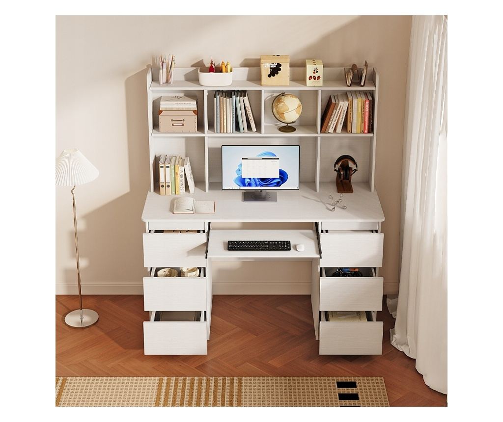 Birou modern cu extensie, alb, 6 sertare, rafturi de birou, cameră de studiu - 3