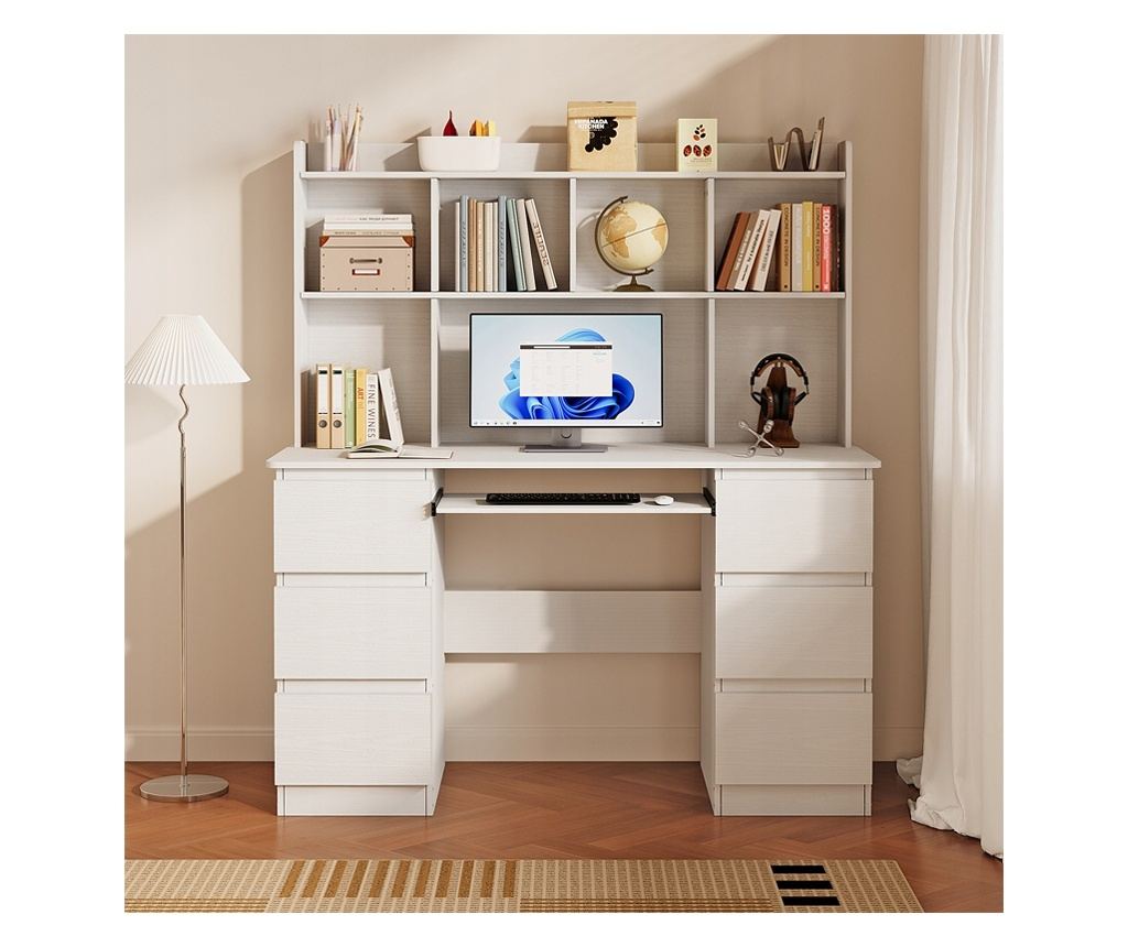 Birou modern cu extensie, alb, 6 sertare, rafturi de birou, cameră de studiu - 5
