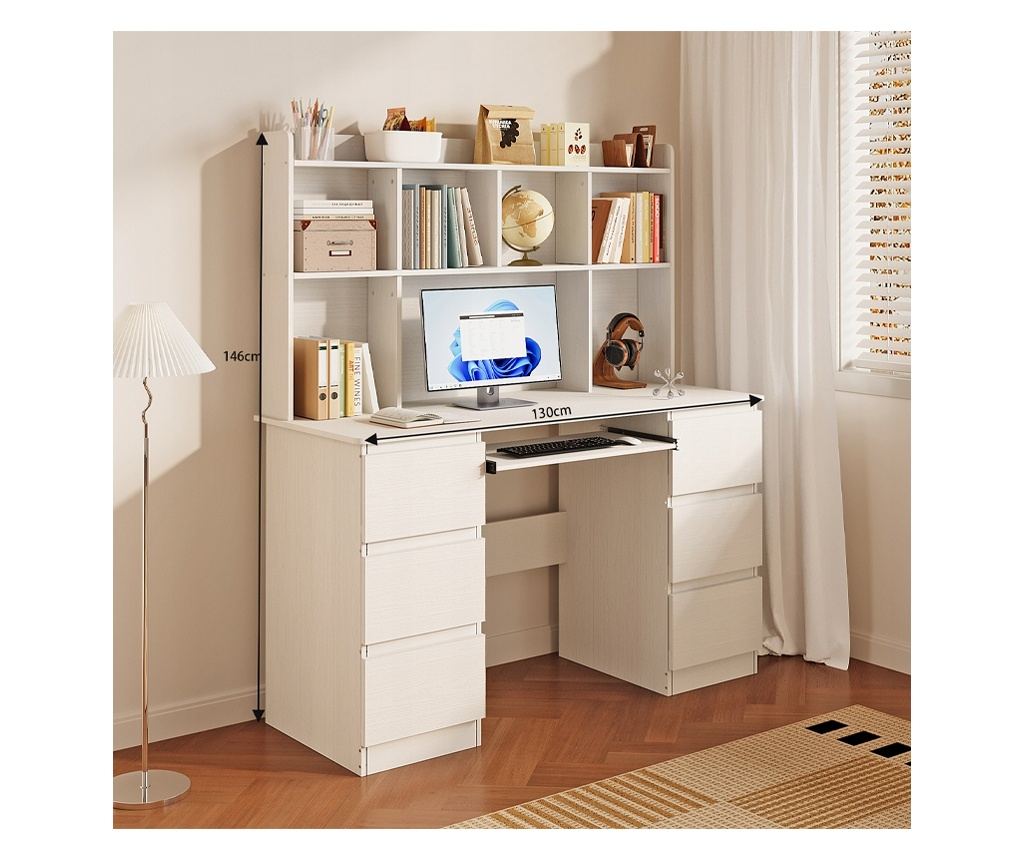 Birou modern cu extensie, alb, 6 sertare, rafturi de birou, cameră de studiu - 7