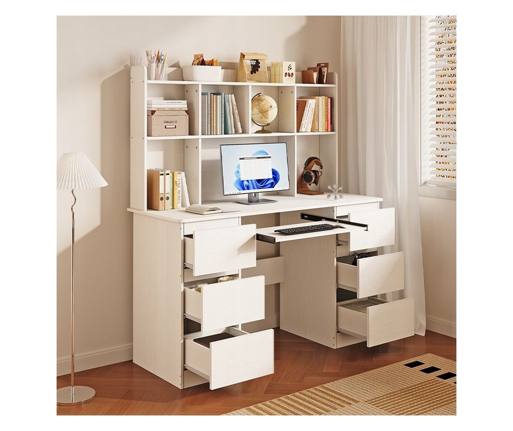 Birou modern cu extensie, alb, 6 sertare, rafturi de birou, cameră de studiu - 9