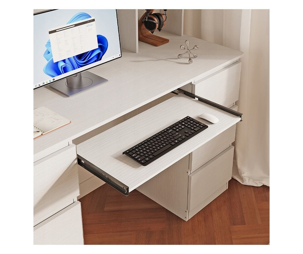 Birou modern cu extensie, alb, 6 sertare, rafturi de birou, cameră de studiu - 13