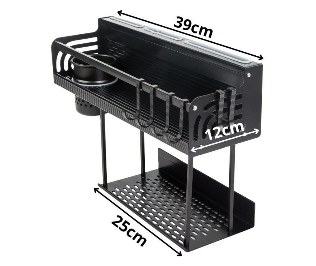 Etajera Metalica pentru Bucatarie/Baie,2 Niveluri, 39x12x24 cm, 6 carlige, Anti-coroziune, Anti-Rugina, culoare Negru - 4